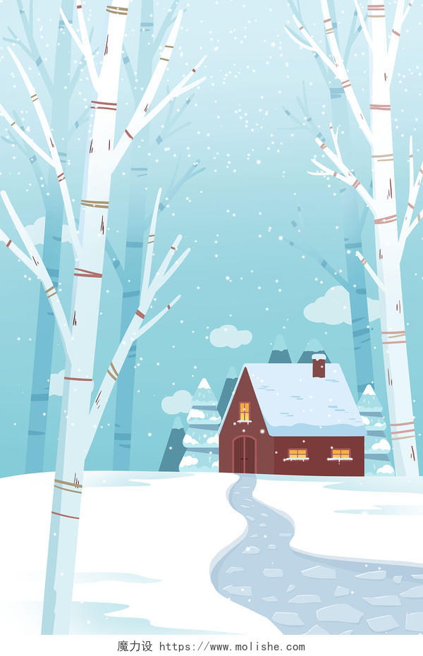 冬天房子插画冬日风景背景唯美立冬冬至下雪雪天雪景节气大雪背景